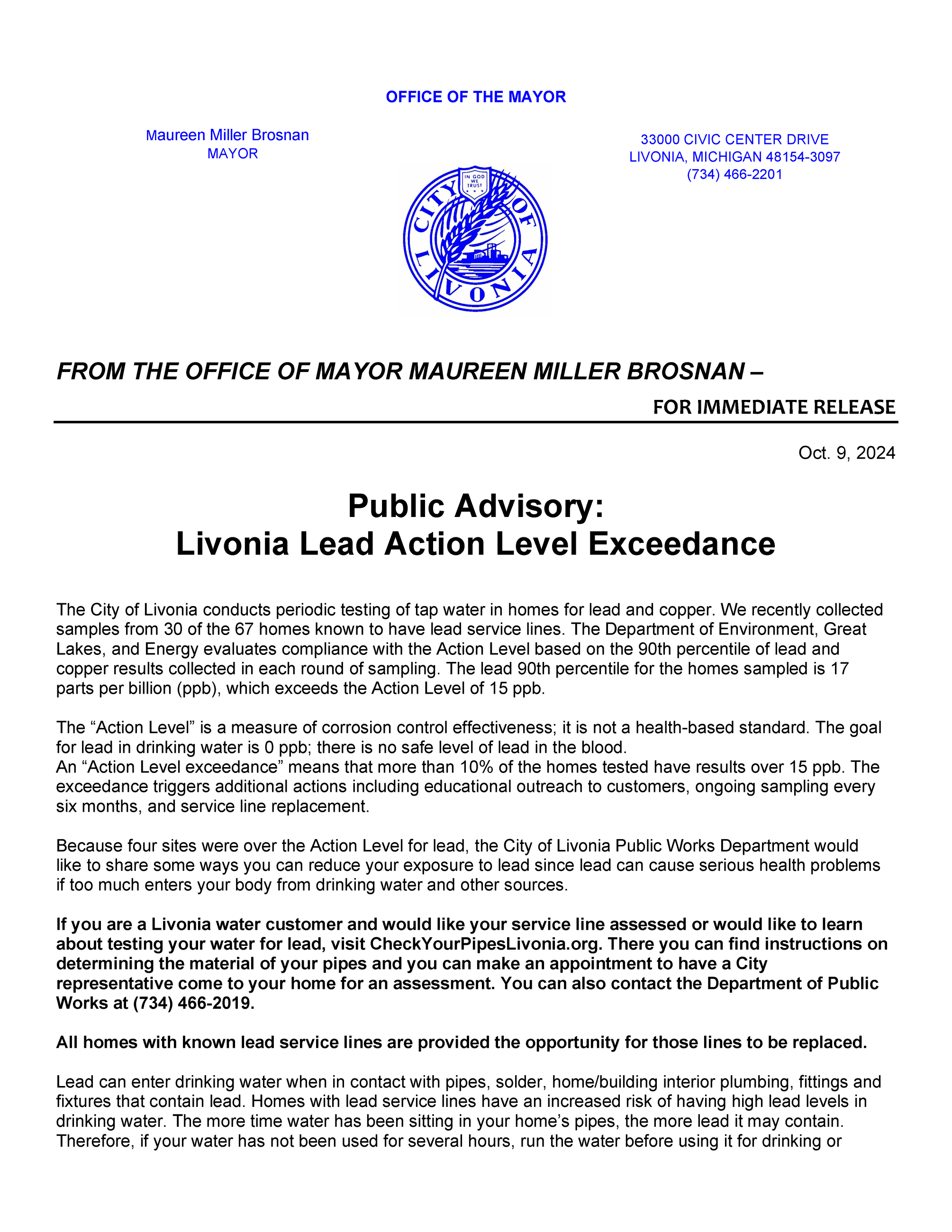 2024-10-9 Press Release Livonia Lead Action Level Exceedance Page 1