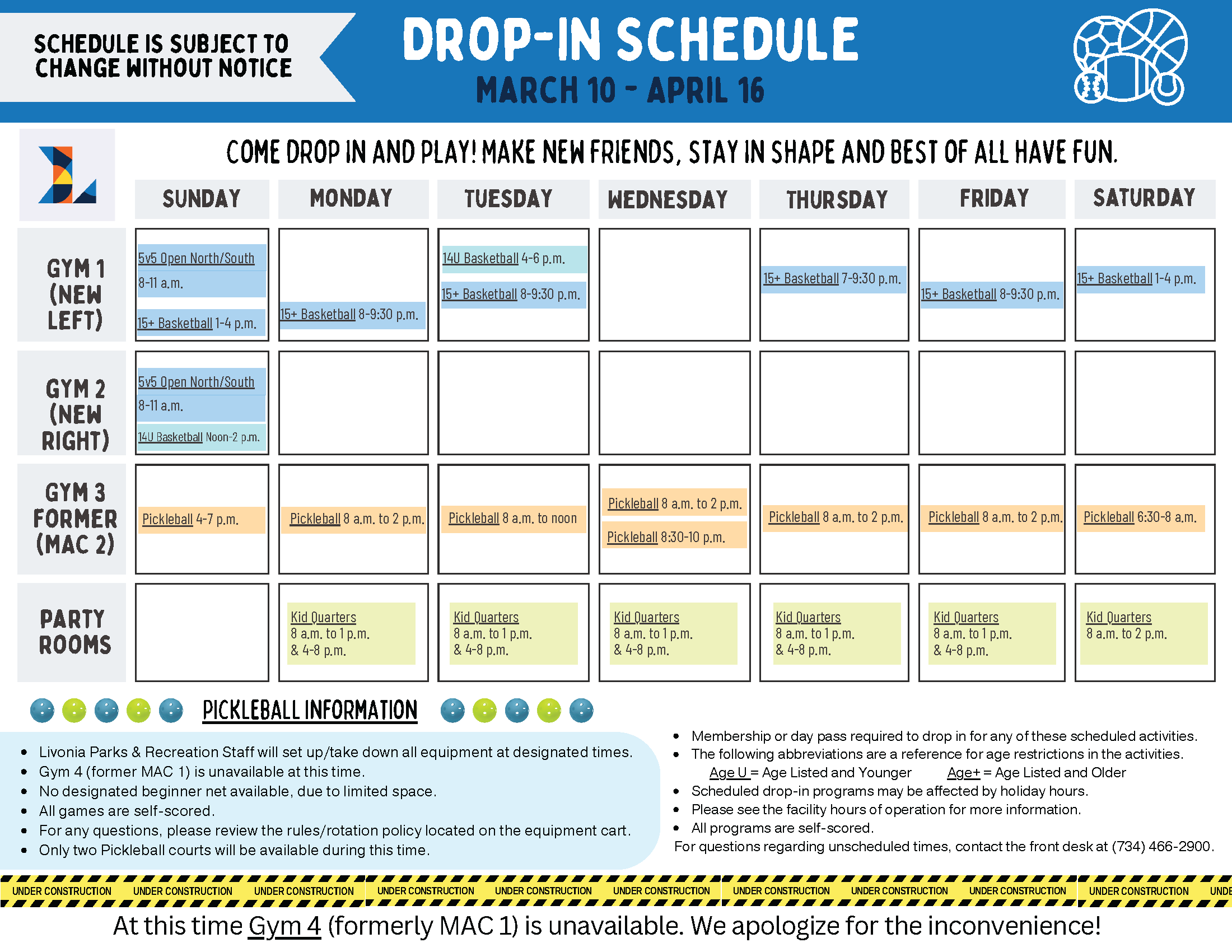 The Rec Drop In Gym Schedule