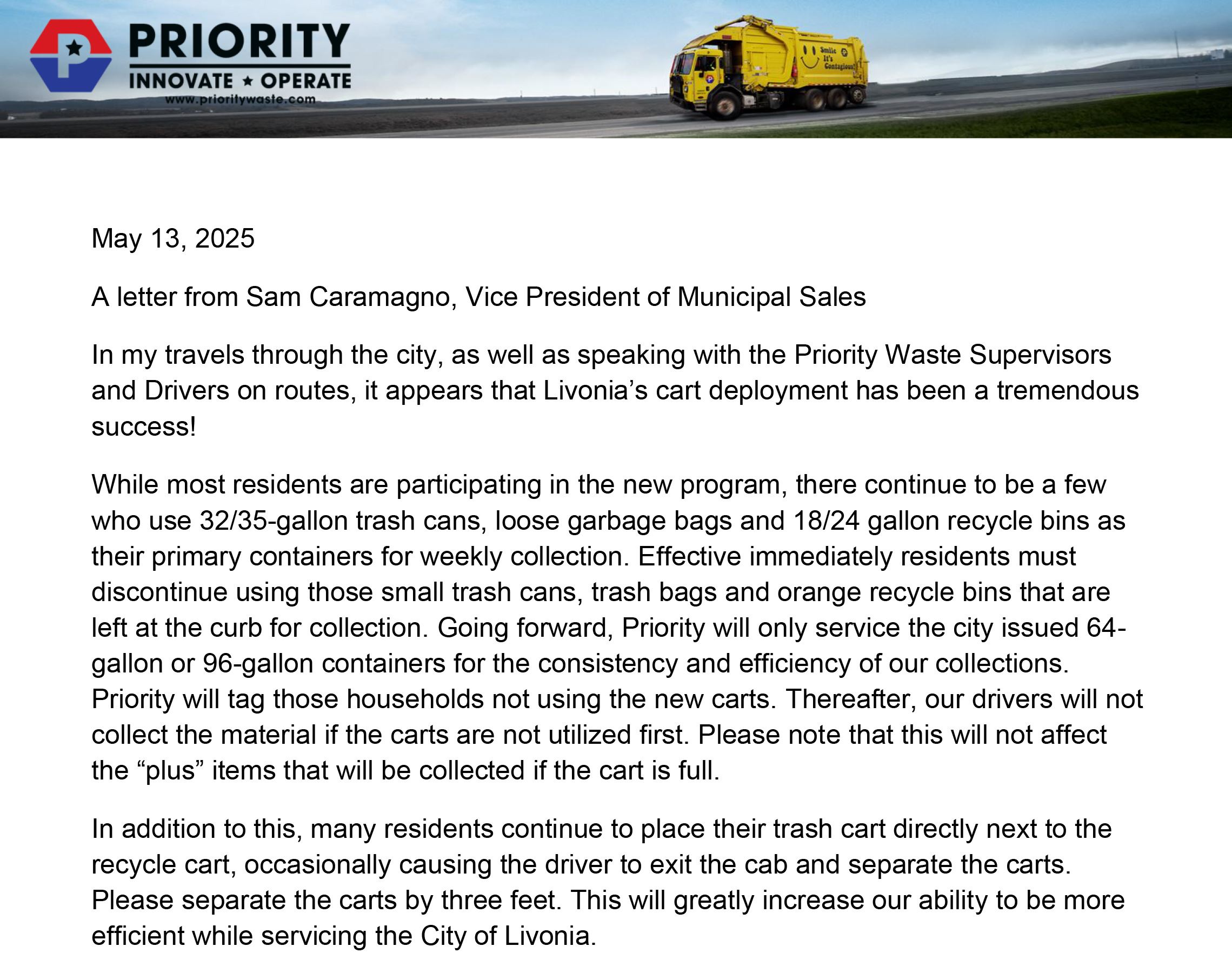 Letter from Sam Caramagno from Priority Waste