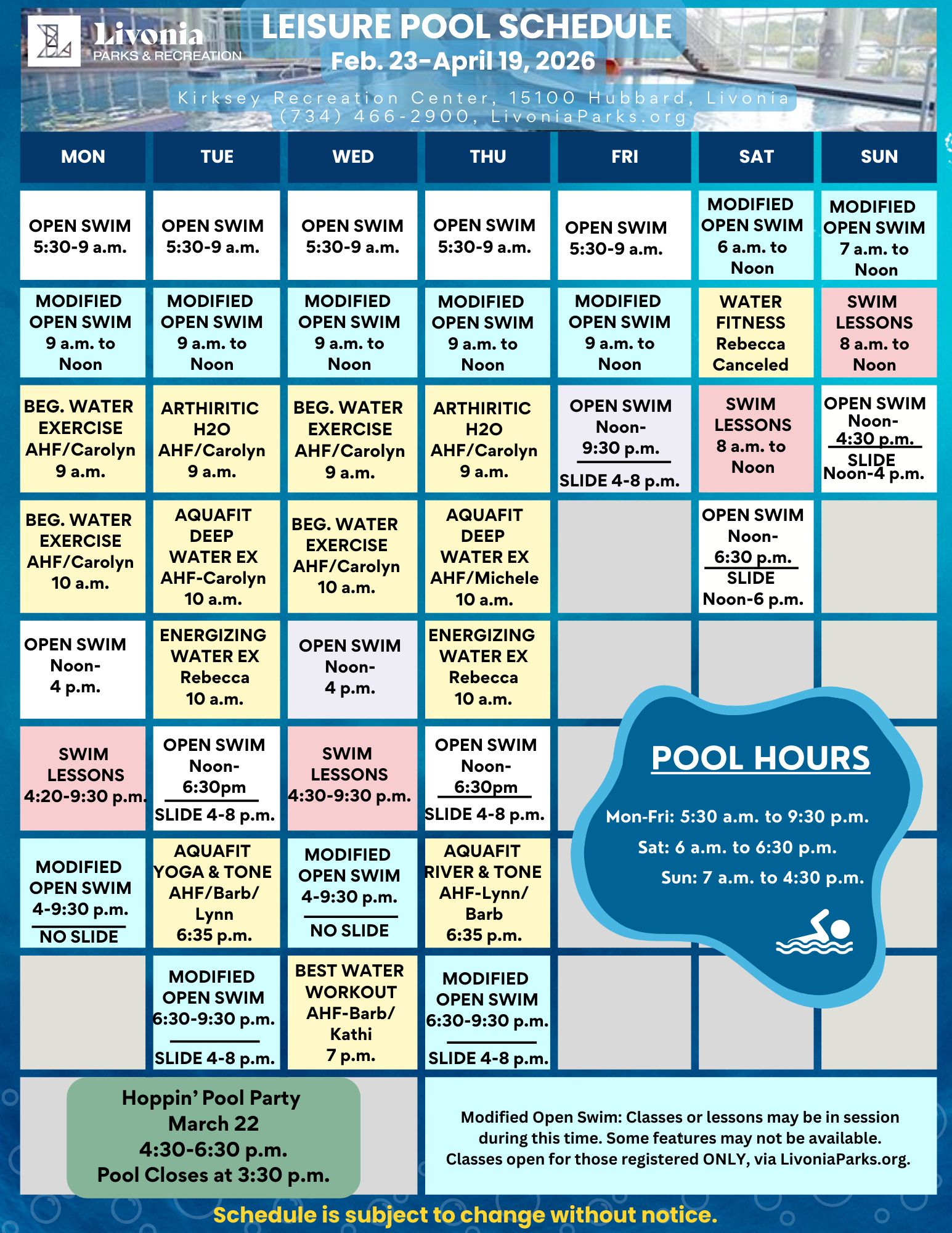 Fall 2 2025 Leisure Pool Schedule